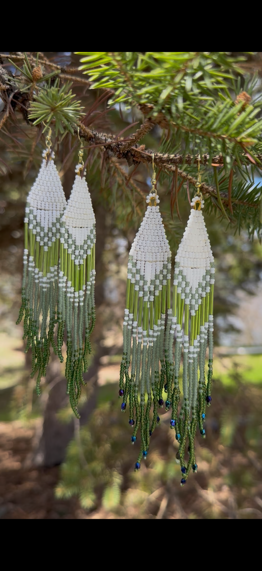 Green & White Fringe Earrings