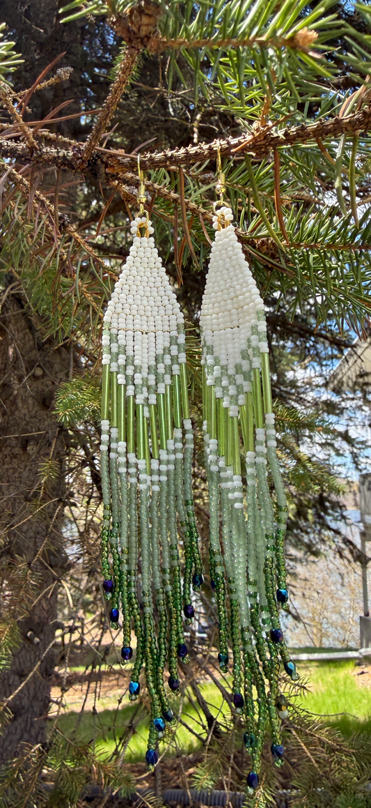 Green & White Fringe Earrings